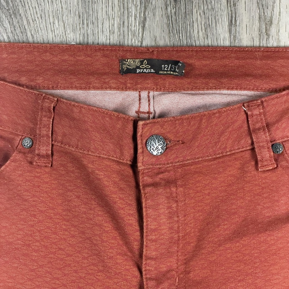 PrAna Jeans Womens 12/31 Orange Straight Stretch Geometric Print 5 Pocket Denim